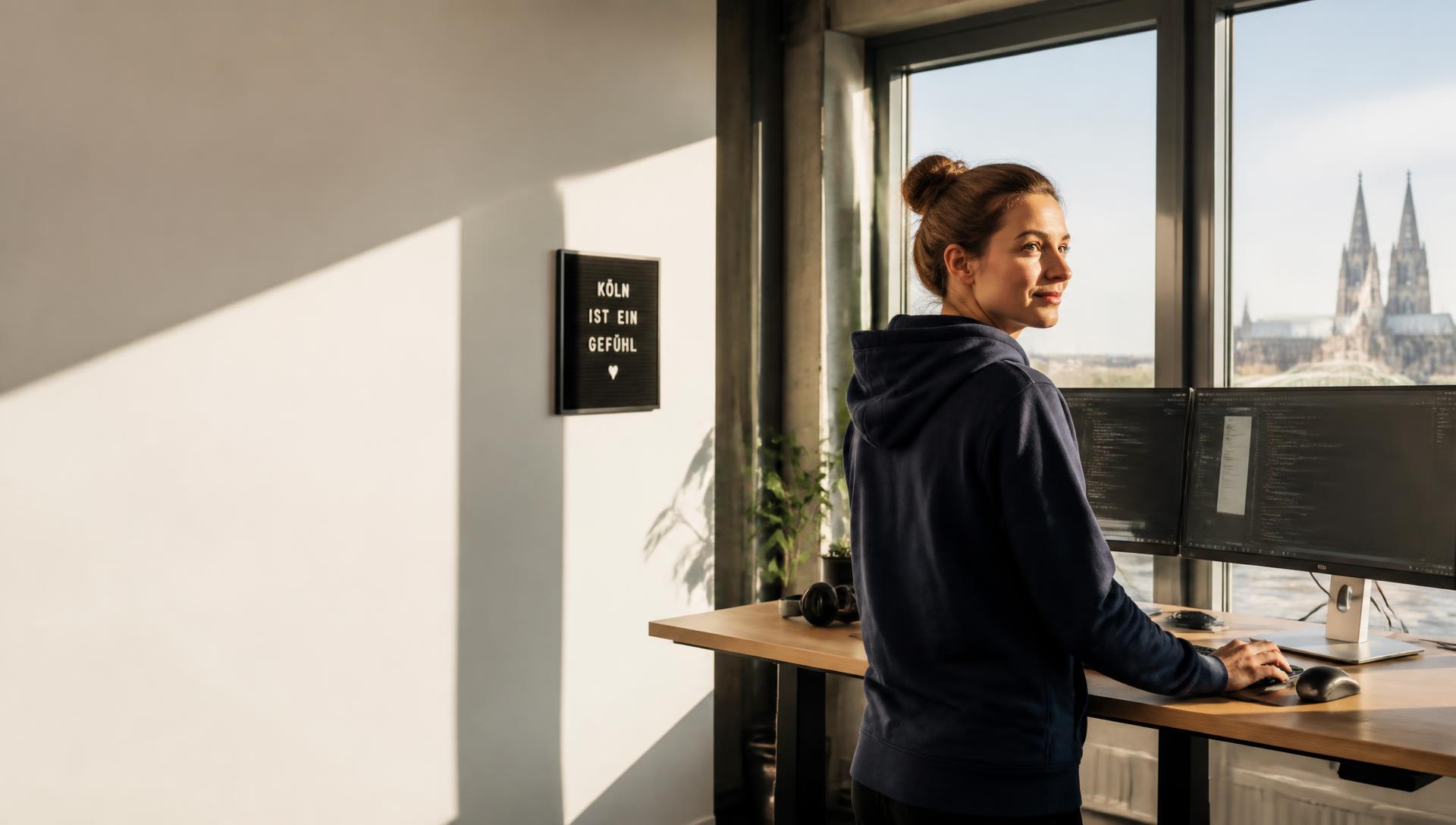 Mitarbeiterin von REWE digital im Hoodie an ihrem Steharbeitsplatz im Kölner Büro