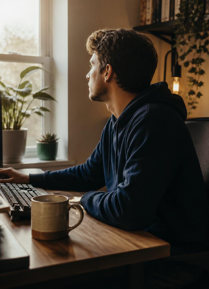 Person im Hoodie am Homeoffice-Schreibtisch im Morgenlicht
